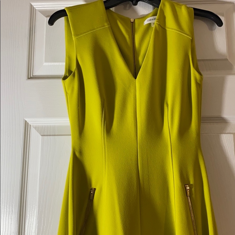 Calvin Klein Lime Green A-Line Dress Gold Zippers